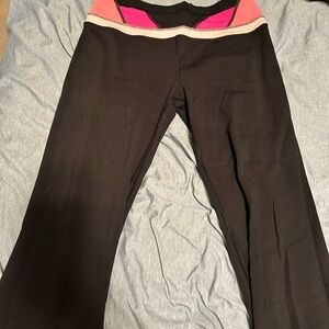 Lululemon Black and Pink Yoga Pants- Flare Leg- Pink and Peach Detail- size 6